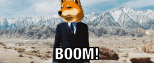 a dog wearing a suit and tie says boom in front of mountains