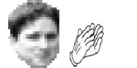 a pixelated image of a man 's face next to a drawing of a hand .