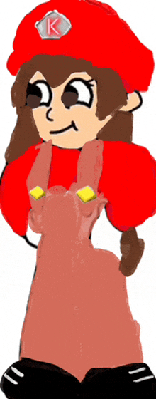 a cartoon drawing of a girl wearing overalls and a red hat with a k on it