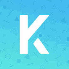 a white letter k on a blue background with geometric shapes