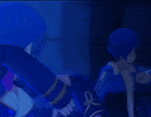 a cartoon character with blue hair and a white jacket has the letter g on his chest