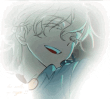 a drawing of a boy with white hair and a red lip