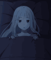a girl with long white hair is laying in a bed