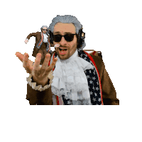 a man wearing headphones and an american flag scarf is standing in front of a white background