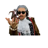 a man wearing headphones and an american flag scarf is standing in front of a white background