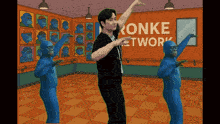 a cartoon of a man dancing in front of a sign that says " ronke network "