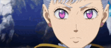 a close up of a girl 's face with purple eyes