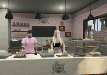a man and a woman are standing behind a counter at a store called cool