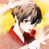 a close up of a person eating a red apple