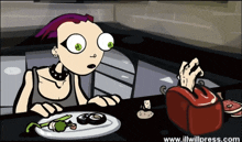 a cartoon of a girl looking at a plate of food with the website www.illwillpress.com at the bottom right