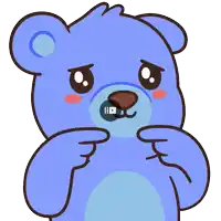 a cartoon of a blue teddy bear with a video playing on its nose