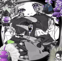 a black and white drawing of a girl with purple eyes is surrounded by purple stuffed animals