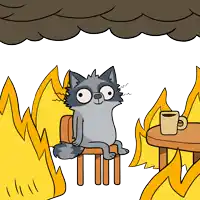 a cartoon of a raccoon sitting in front of a fire with a cup of coffee on a table