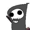 a cartoon grim reaper with a hood and a skull on his head .