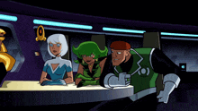 a group of cartoon characters are sitting around a table and one of them has the letter o on his chest