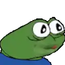 a cartoon frog with big eyes and a blue shirt is smiling .