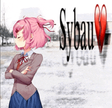 a girl with pink hair is standing in front of a sign that says sybau