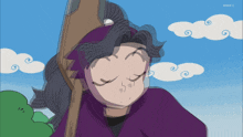 a cartoon of a man holding a wooden stick with the letters nhk on the bottom