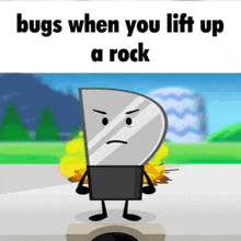 a cartoon of a knife with the words bugs when you lift up a rock