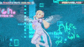 a girl with wings is dancing in front of a sign that says " beautiful world "