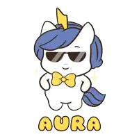 a cartoon of a unicorn wearing sunglasses and a bow tie with the word aura underneath it