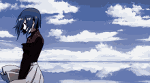 a drawing of a girl standing in front of a blue sky with white clouds
