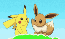 pikachu and eevee are giving each other high fives