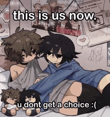 a couple of anime characters laying on top of each other on a bed in a room .