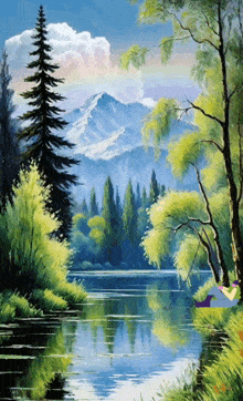 a painting of a lake in the woods with mountains in the background