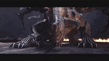 a monster with wings is standing in front of a fire