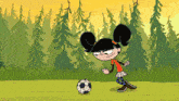 a cartoon girl is kicking a soccer ball in front of a forest