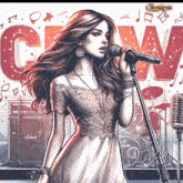 a drawing of a woman singing into a microphone with a marshall drum set in the background