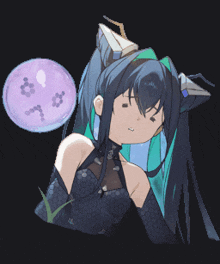 a pixel art drawing of a girl with a purple sphere behind her
