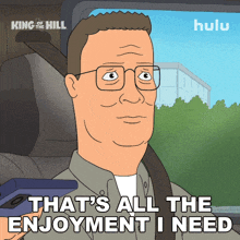 a cartoon of a man sitting in a car with the words " that 's all the enjoyment i need "