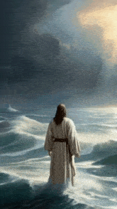 a painting of jesus standing in the ocean