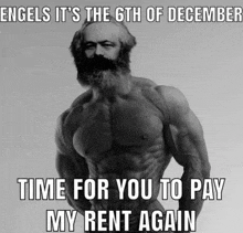 a shirtless man with a beard is standing in front of a sign that says engels it 's the 6th of december