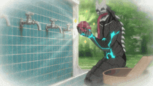 a cartoon drawing of a monster holding a flower in front of a wall of faucets