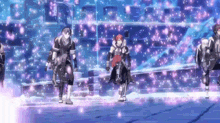 a group of people are standing in a snowy area surrounded by purple lights .