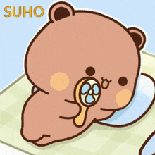 a cartoon of a teddy bear with a fan in its mouth and the word suho in the corner