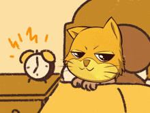 a cartoon drawing of a cat laying in bed next to an alarm clock that shows the time as 7:00
