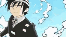 a cartoon of a boy in a suit and tie with a skull on his neck .