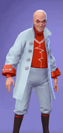 a man in a red shirt and white coat with buttons