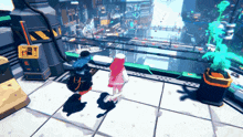 two girls are standing on a tiled floor looking out over a futuristic city