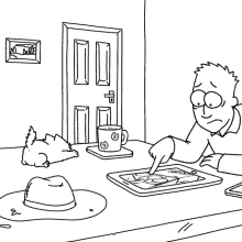 a black and white drawing of a man using a tablet with a cat on it