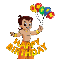 a cartoon character holding a bunch of balloons and the words happy birthday behind him