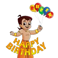 a cartoon character holding a bunch of balloons and the words happy birthday behind him
