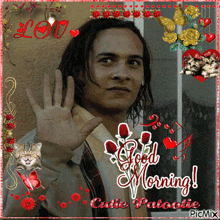 a picture of a man waving with the words good morning