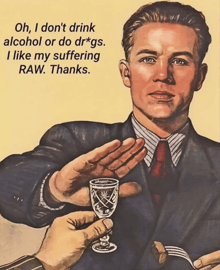 a man in a suit and tie is refusing a glass of wine