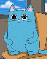 a cartoon cat is sitting in a chair with tears in its eyes