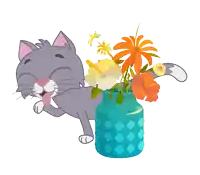 a cartoon cat is licking its nose next to a blue vase filled with flowers